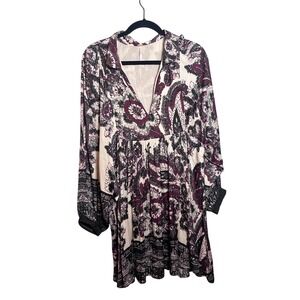 Free People Say You Love Me Paisley Long Sleeve V Neck Babydoll Boho Hippie SZ L